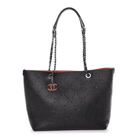 CHANEL Perforated Grained Calfskin Large Shopping Tote Black 